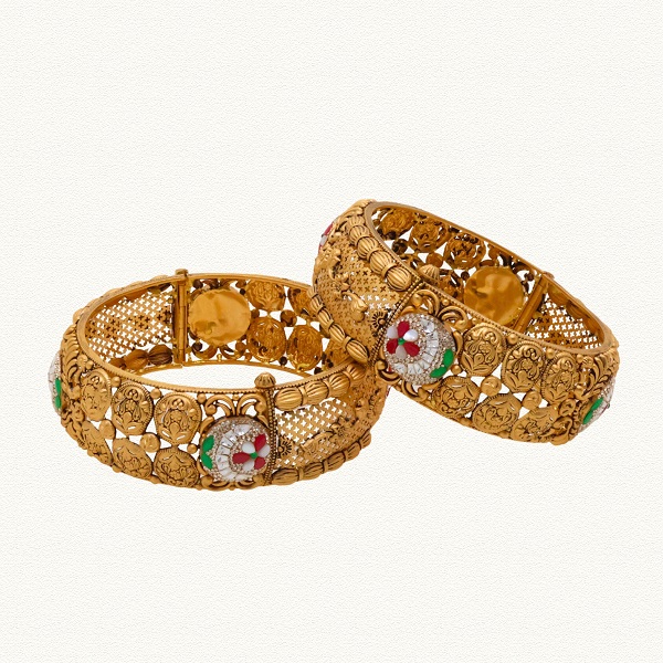 22KT Gold Antique Floral Enamel Bangles front view