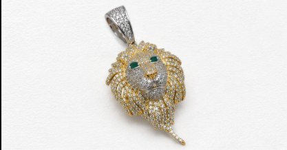Gold Plated Sterling Silver Lion Head Pendant with CZ Stones & Green Stone Eyes