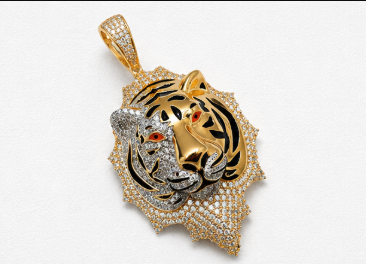 Gold Plated 925 Sterling Silver Tiger Head Pendant with CZ Stones & Red Stone Eyes