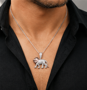 Sterling Silver Dual Tone Lion Pendant with Rose Gold Finish & Cubic Zirconia Stones