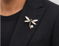 Sterling Silver Rose Gold Plated Dragonfly Brooch with Mother of Pearl, Green Stone & Freshwater Pearl
