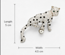 Sterling Silver Leopard Brooch with Cubic Zirconia, Black Stones, Green Stone Eyes & Freshwater Pearl