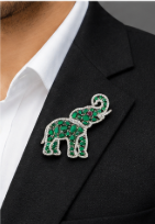 Sterling Silver Elephant Brooch with Green Stones, Red Accent Stone & Cubic Zirconia
