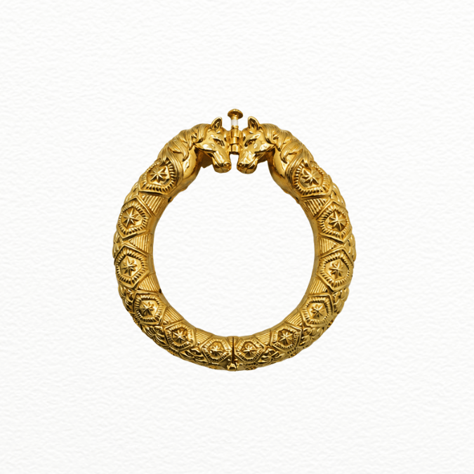 Silver Royal Horse Head Gold Plated Kada - Geometric Star Carved Statement Bracelet - ABR62361