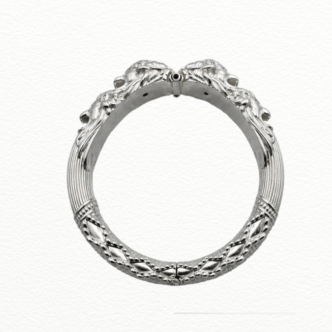 Silver Majestic Lion Face Silver Kada - Fluted & Diamond-Textured Statement Bracelet - ABR62357