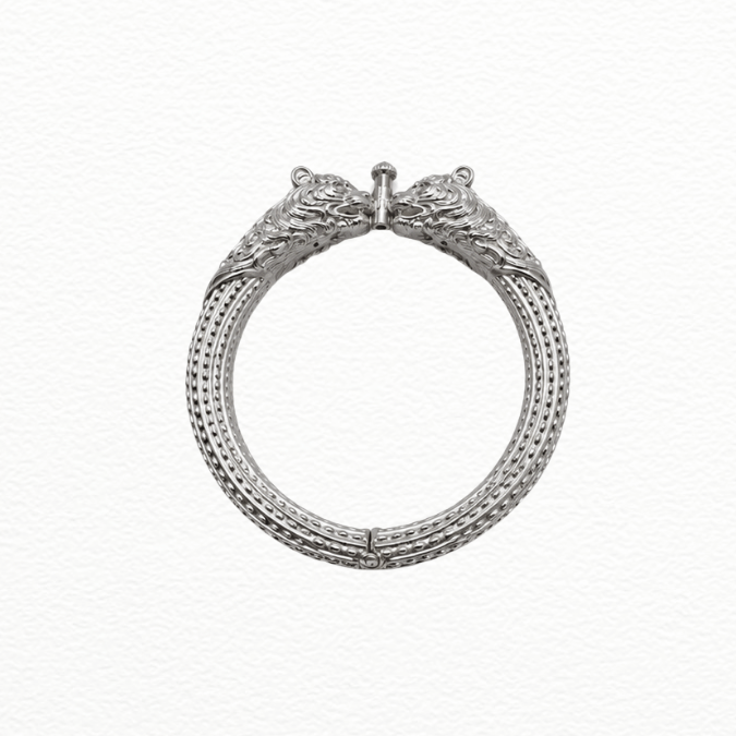 Silver Royal Tiger Head Silver Kada - Dotted Ribbed Textured Statement Bracelet - ABR62356