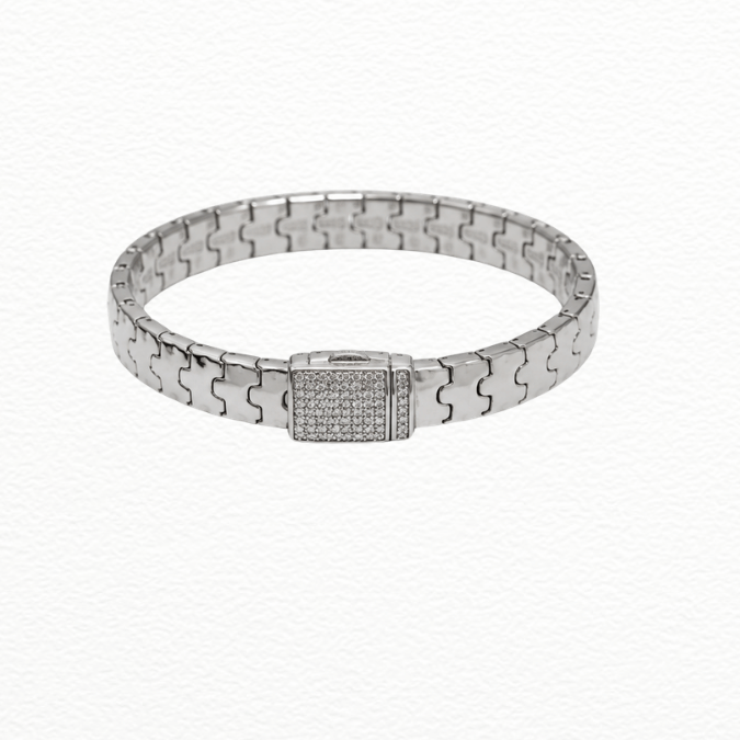 Silver Kada Modern Silver Interlocking Link Bracelet - Cubic Zirconia Pavé Lock Statement Band - ABR62255