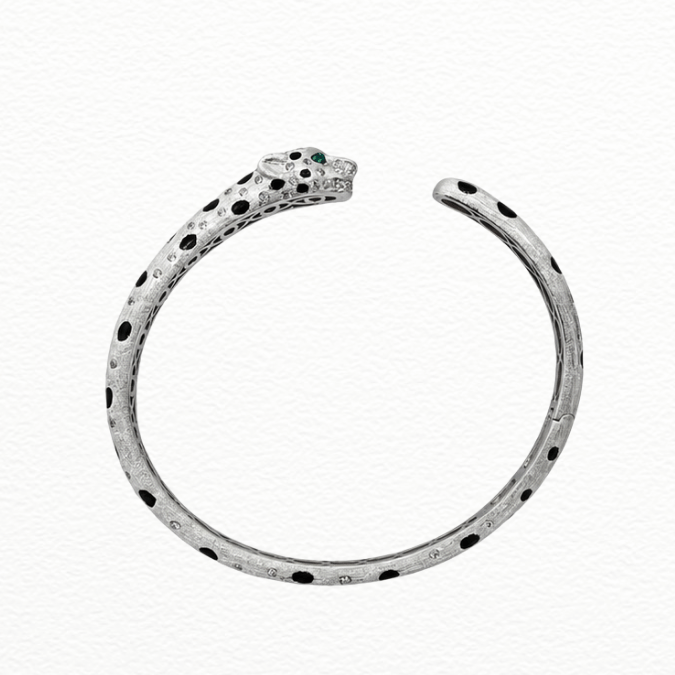 Silver Wild Elegance Silver Panther Cuff Kada - Emerald-Eyed Leopard Open Statement Bracelet - ABR62281