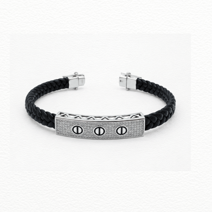 Silver Men'S Silver Screw Motif Id Bar Braided Black Leather Bracelet - Cz Pavé Statement Wristband - ABR62302