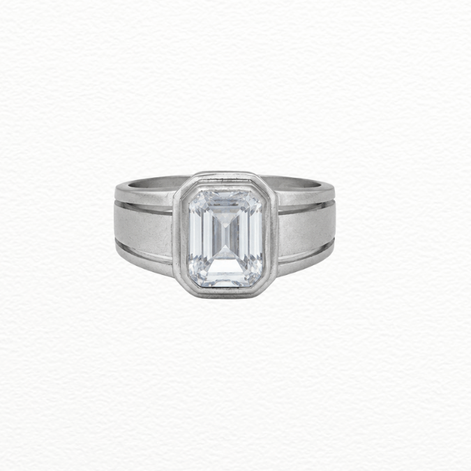 Silver Rings Men'S Silver Bezel-Set Emerald Cut Cz Solitaire Ring - Modern Wide Band Statement Ring - JA72086