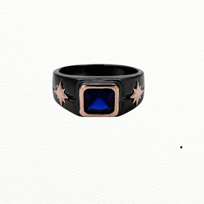 Silver Rings Product Name Men'S Black Silver & Rose Gold Blue Sapphire Ring - Starburst Accent Signet Ring - JA72072