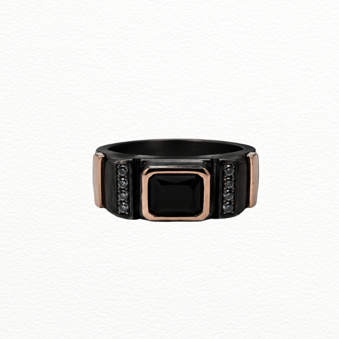 Silver Rings Men'S Black Silver & Rose Gold Onyx Ring - Cz Accented Statement Band - JA72071
