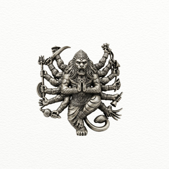 Silver Antique Silver Lord Narasimha Brooch Pin - Multi-Armed Divine Avatar Statement Lapel Pin - SAC60175