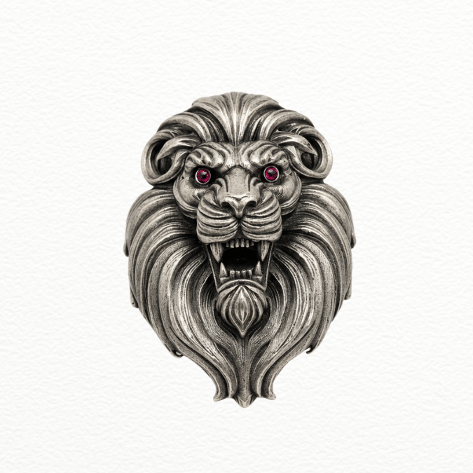 Silver Antique Silver Roaring Lion Head Brooch Pin - Ruby-Eyed Statement Lapel Pin - SAC60179