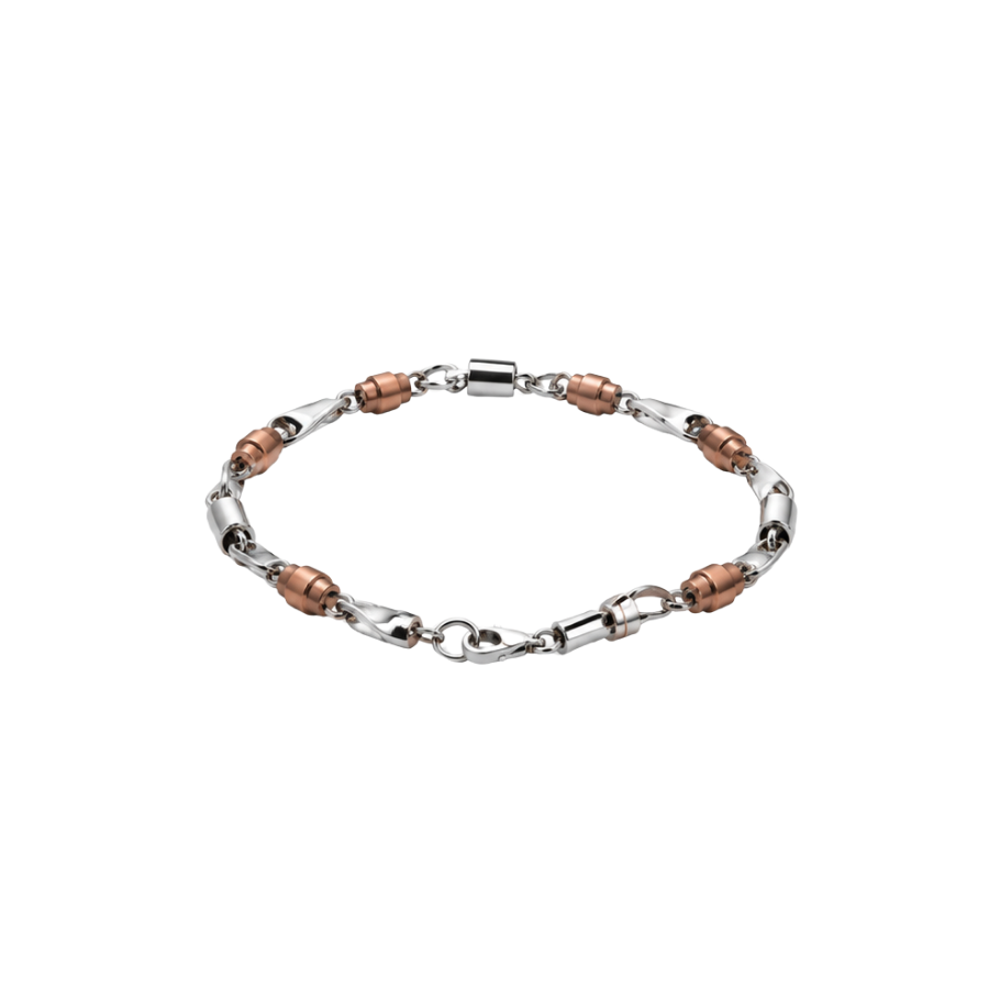 Silver Men’S Two-Tone Rose Gold & Silver Barrel Link Chain Bracelet - Sleek Minimalist Stainless Steel Wristband - ABR62231