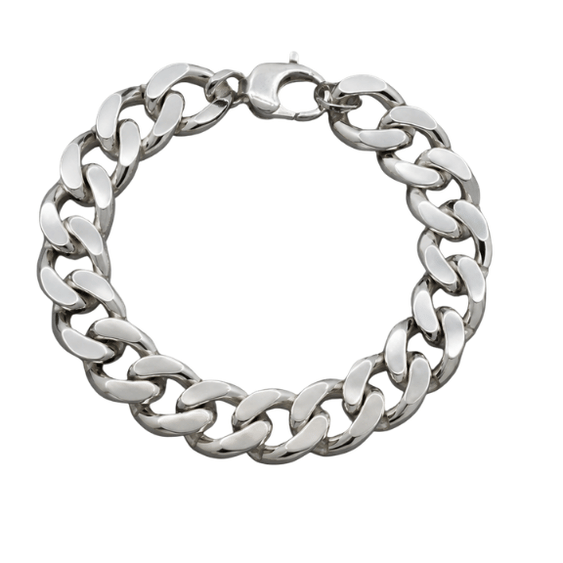Silver Men’S Polished Silver Curb Link Bracelet - Classic Heavy Stainless Steel Cuban Wristband - ABR62348