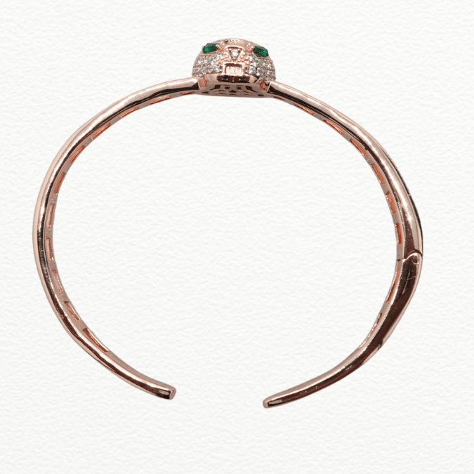 Silver Kada Women’S Rose Gold Panther Head Bangle Bracelet - Cz Pave Panther Cuff With Emerald Green Eyes - ABR62266