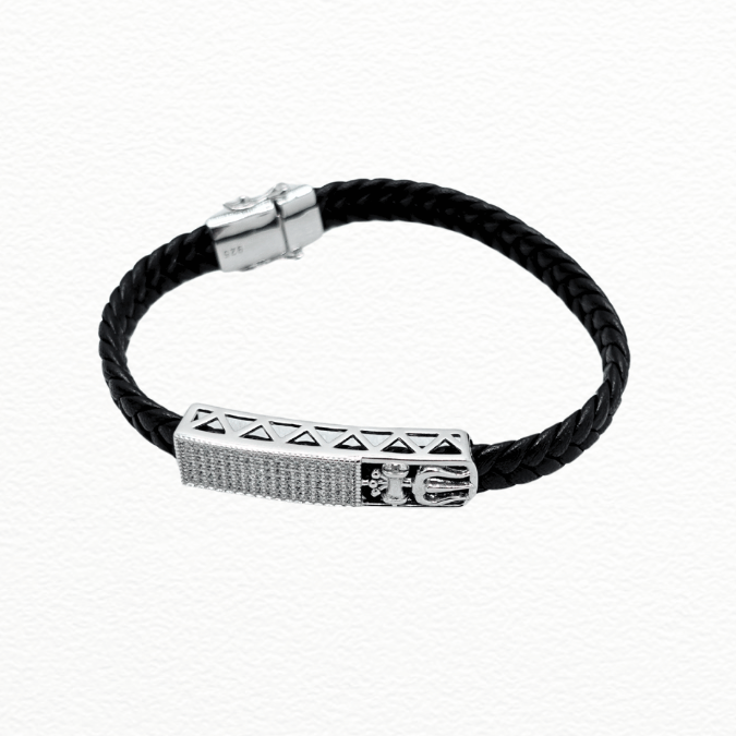 Silver Men’S Sterling Silver Trishul & Damru Cz Leather Bracelet - S925 Braided Cord Mahadev Wristband - ABR62300
