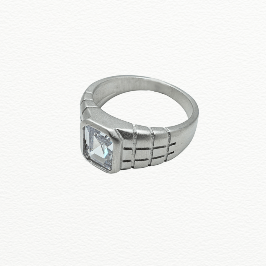 Silver Rings Men’S 925 Sterling Silver Emerald-Cut Zircon Solitaire Ring - Textured Presidential Band - JA72080