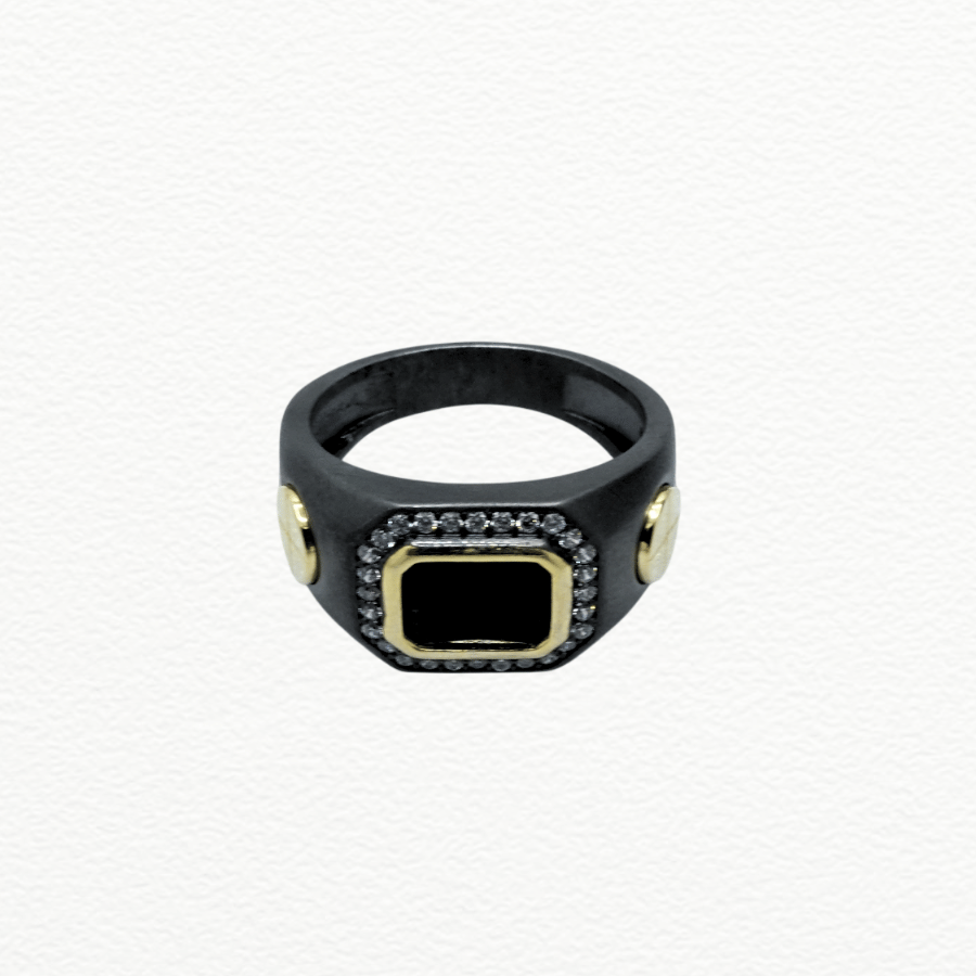 Silver Rings Men’S Black Rhodium 925 Sterling Silver Black Zircon Halo Ring - Dual-Tone Gold Accents & Screw Motifs - JA72070