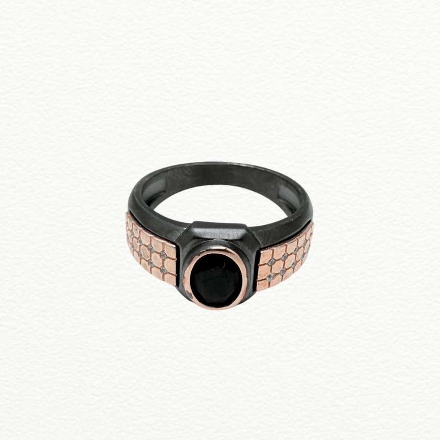 Silver Rings Men’S Black Rhodium & Rose Gold 925 Sterling Silver Oval Black Zircon Solitaire Ring - Grid Textured Band - JA72076