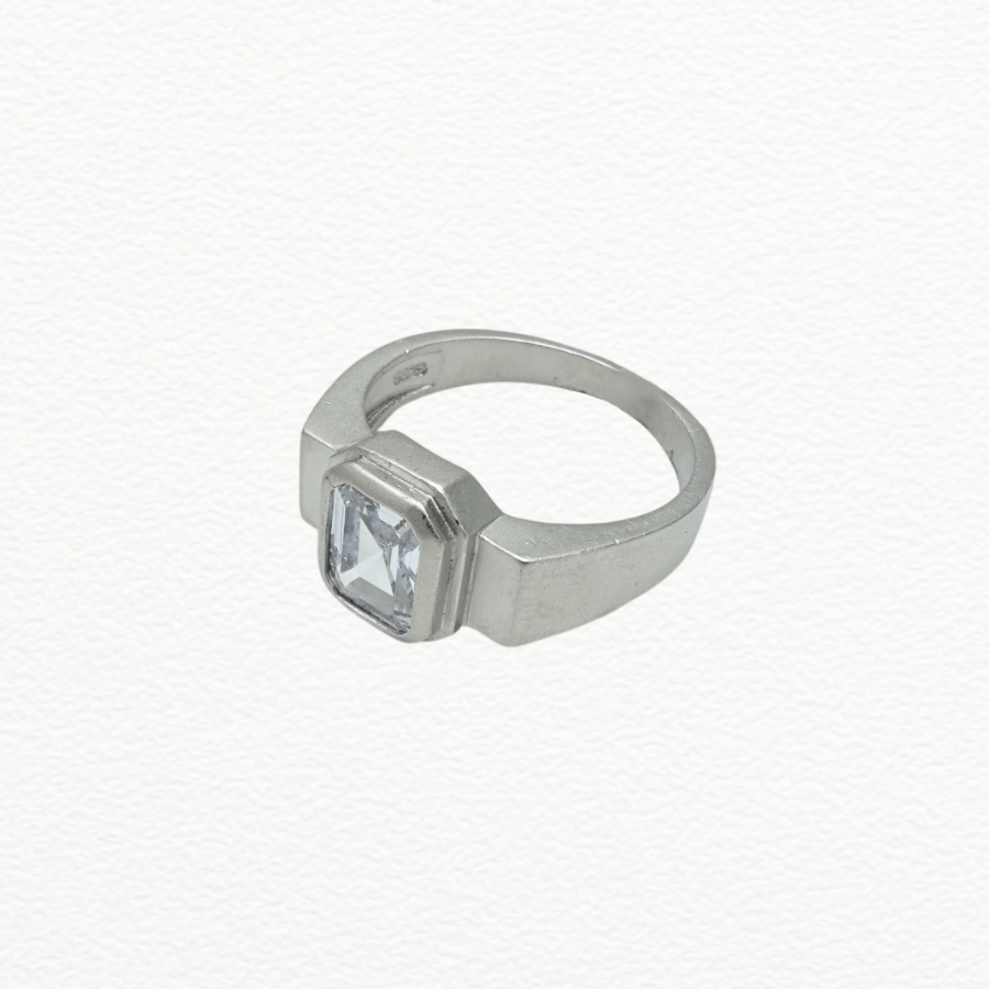 Silver Rings Men’S 925 Sterling Silver Emerald-Cut Zircon Solitaire Ring - Double Bezel Band - JA72082