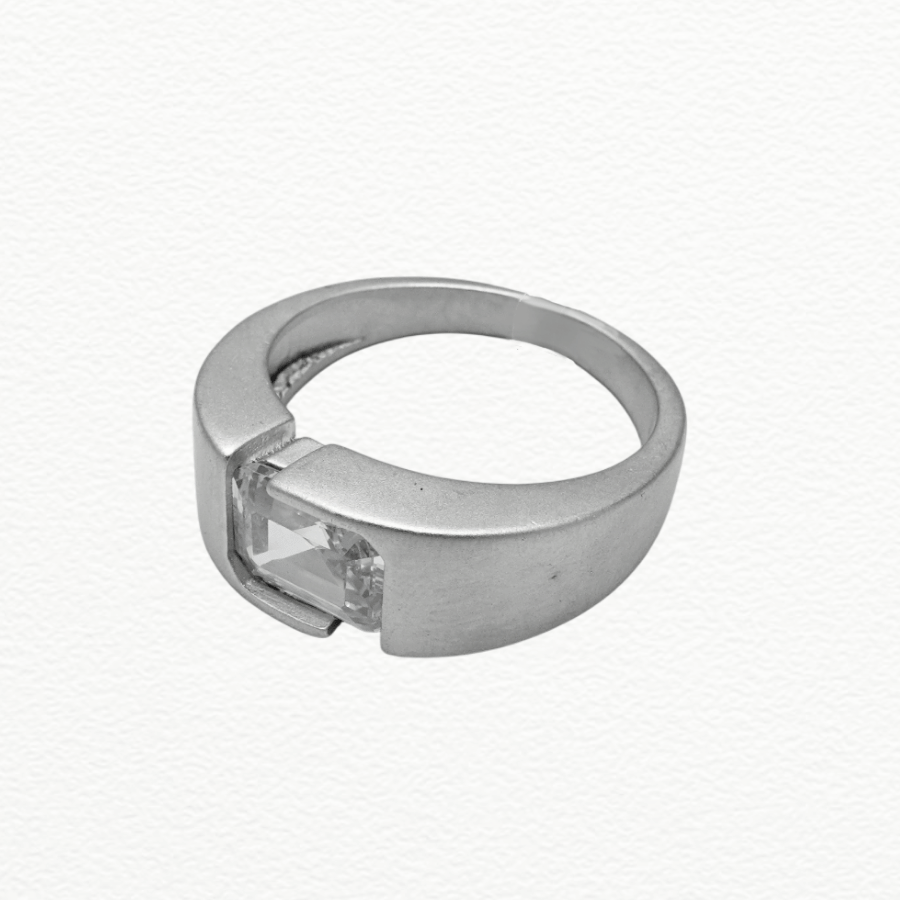 Silver Rings Men’S 925 Sterling Silver Emerald-Cut Zircon Solitaire Ring - Textured Presidential Band - JA72081