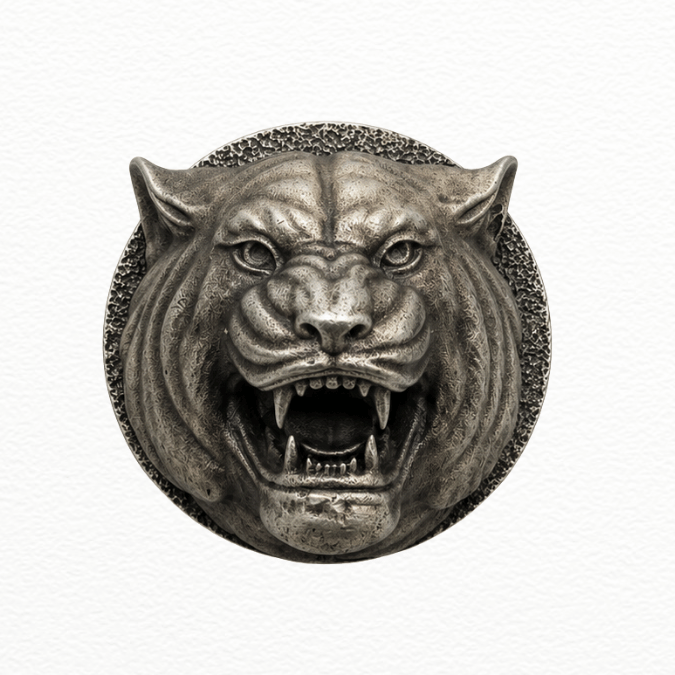 Silver Men’S Oxidized Sterling Silver Roaring Tiger Button - SAC60187