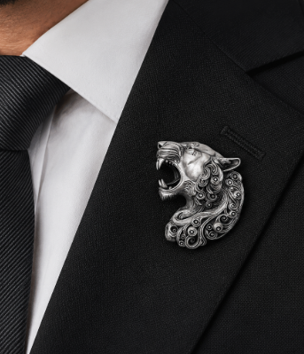 Silver Brooch Men’S Oxidized Sterling Silver Roaring Panther - SAC60189