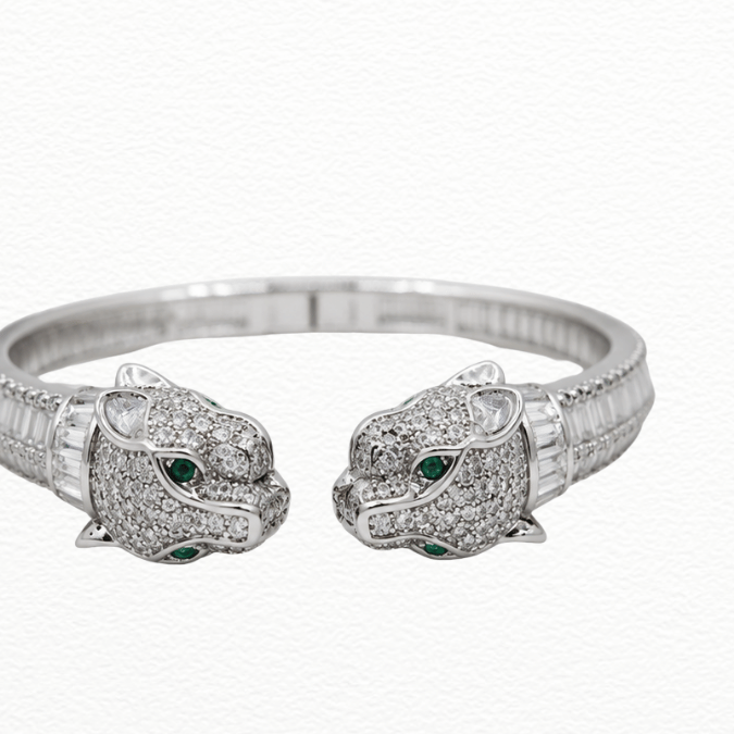 Silver Bracelet Sterling Silver Dual Panther Head Open Cuff Bangle With Zirconia & Emerald-Green Accents - ABR62285