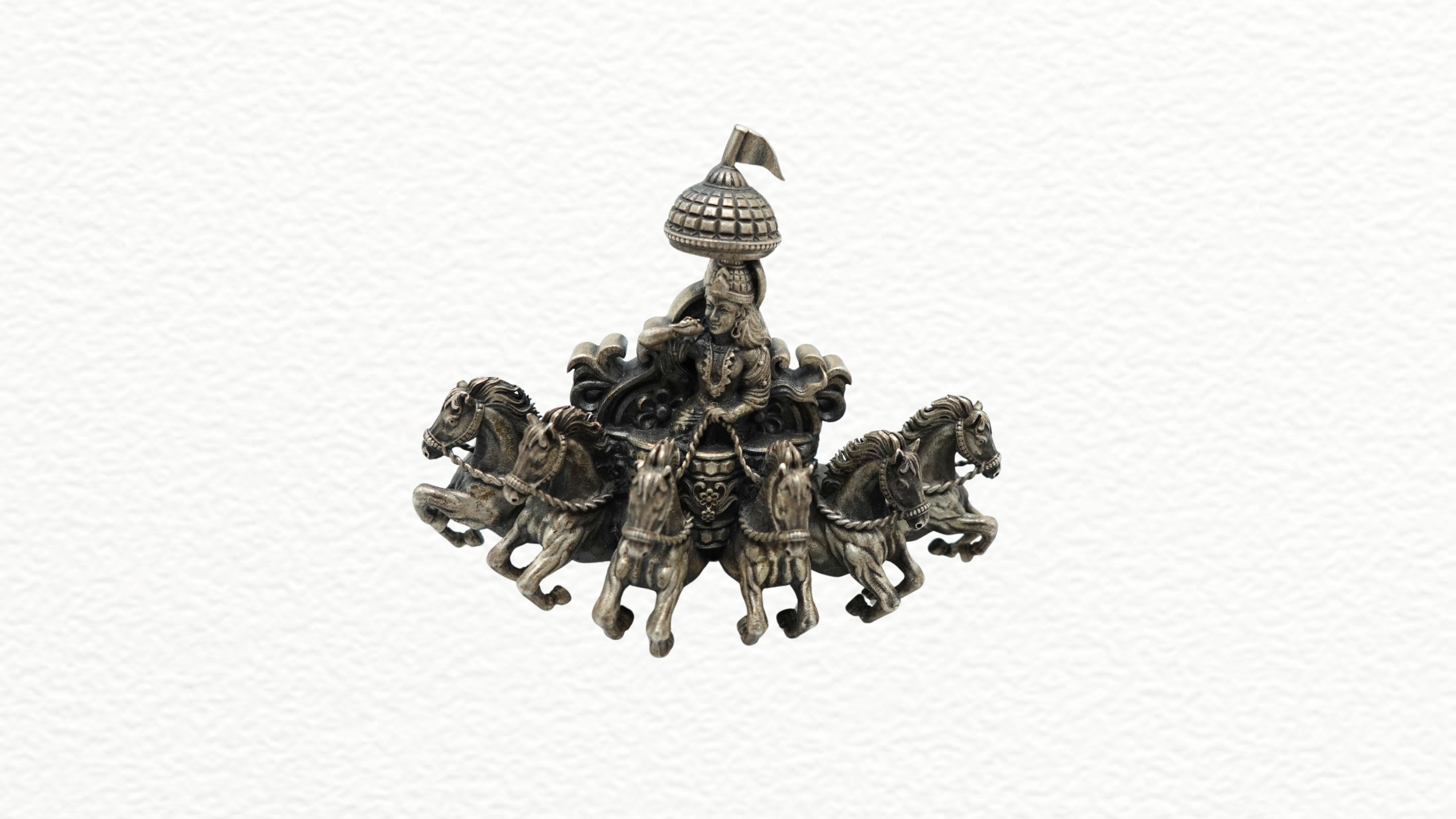 Silver Brooch Oxidized Sterling Silver Mahabharat Krishna & Arjuna Chariot Idol - SAC60156